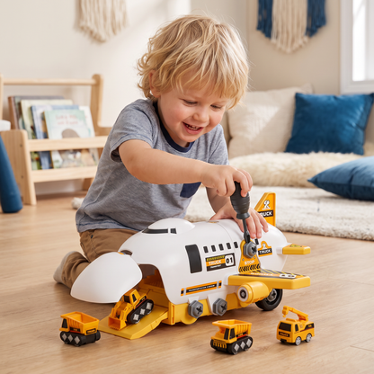 DIY-Speelset „Vliegtuigtransporttruck” met Bouwvoertuigen