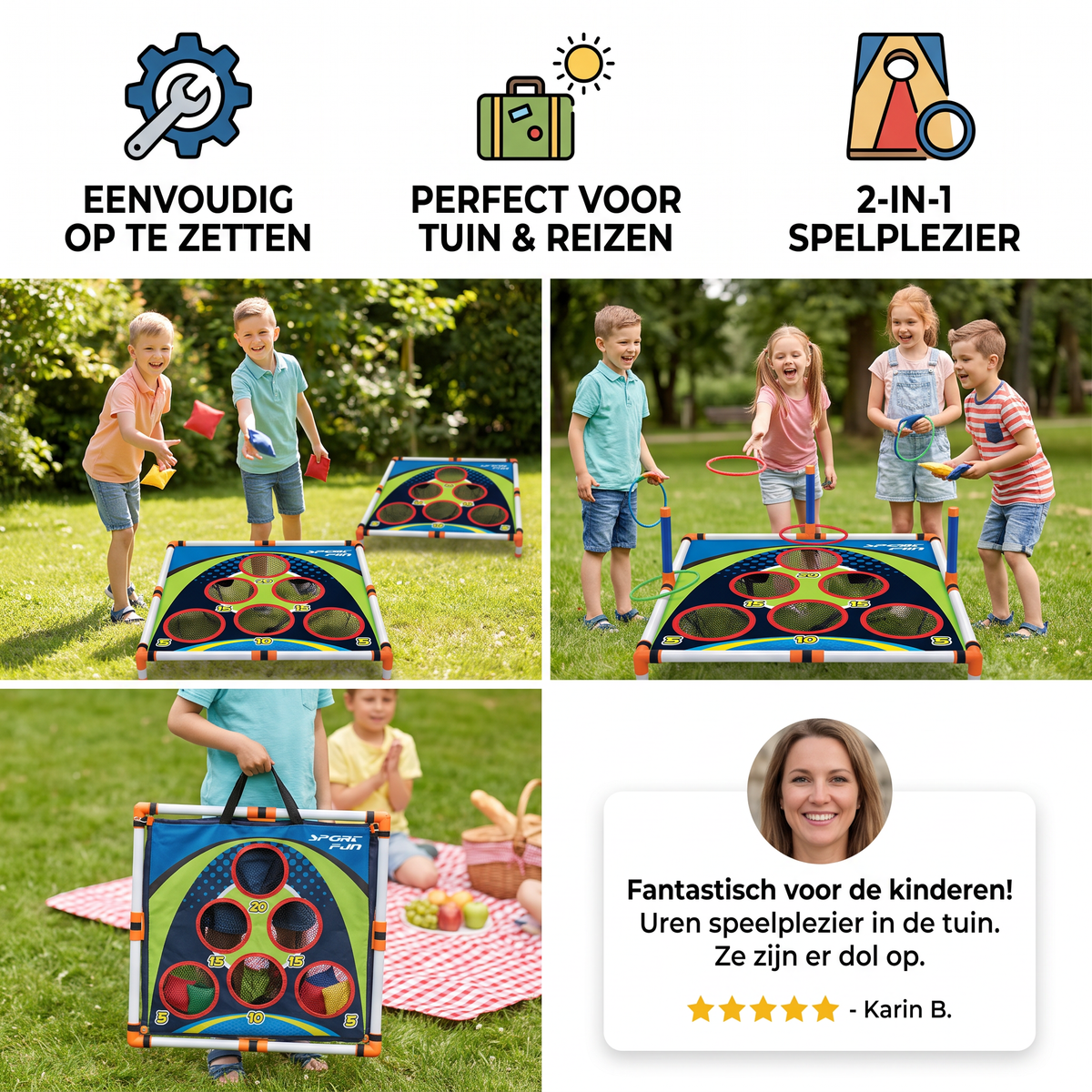 2-in-1 Cornhole- & Ringwerpspel – Eenvoudig Op te Zetten, Perfect voor Tuin & Reizen