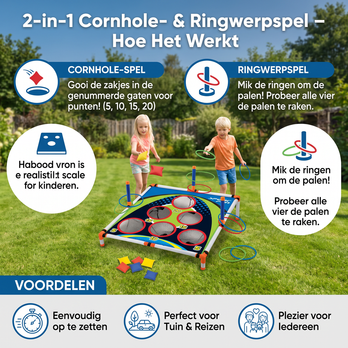 2-in-1 Cornhole- & Ringwerpspel – Eenvoudig Op te Zetten, Perfect voor Tuin & Reizen