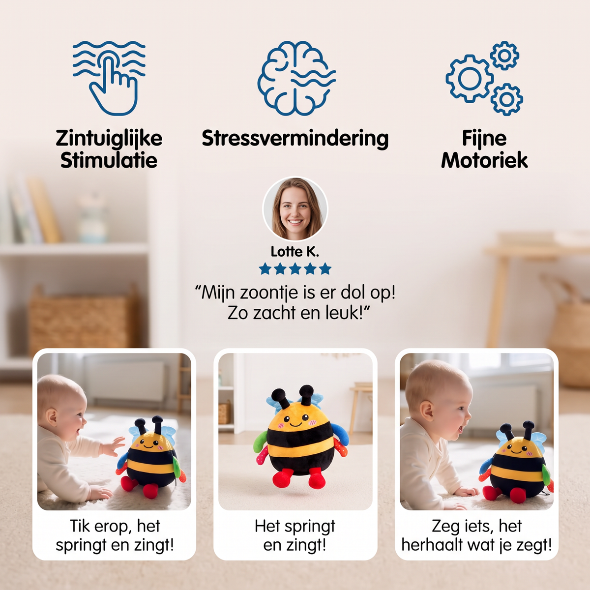 Interactief Muzikaal Pluchen Bijtje voor Buikligging