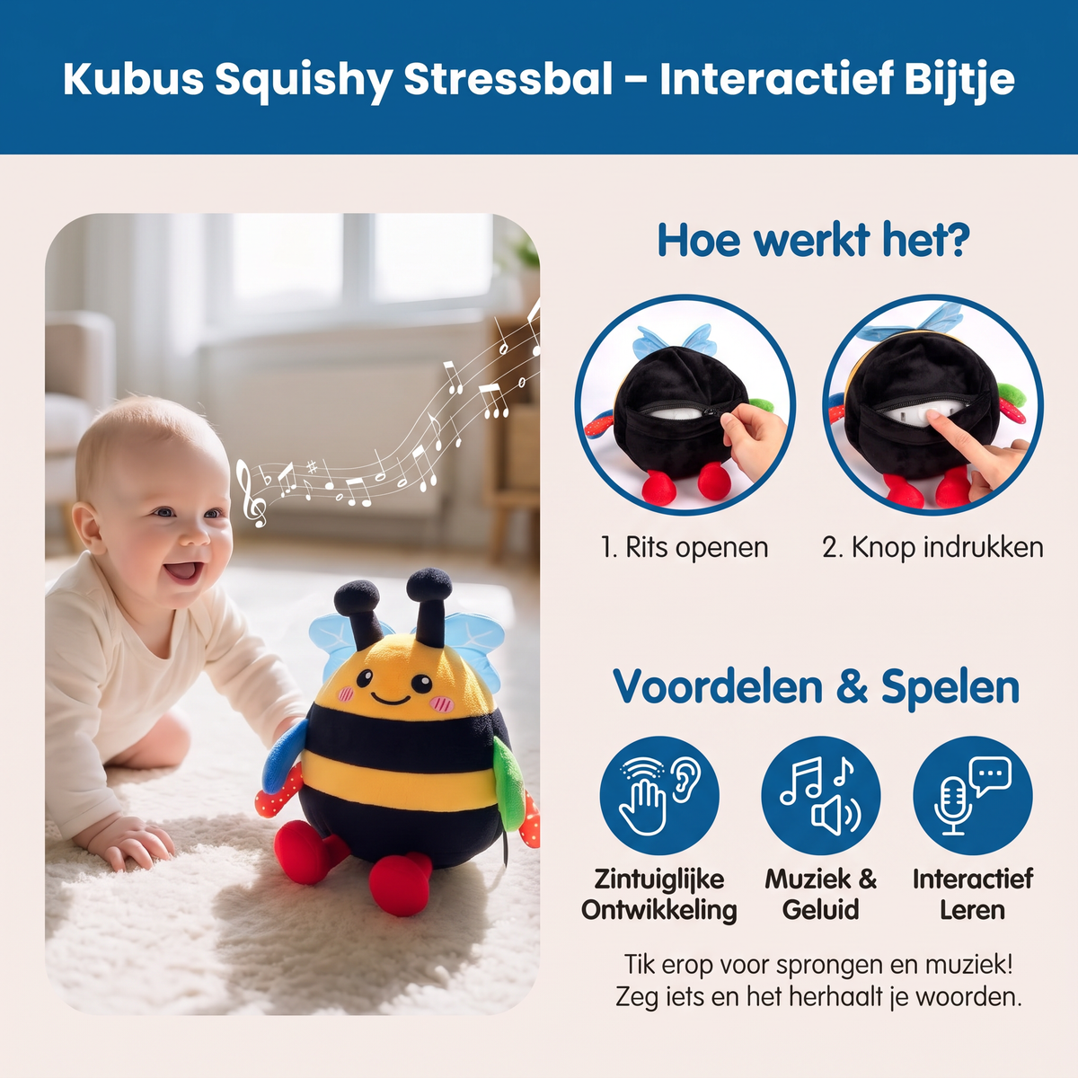 Interactief Muzikaal Pluchen Bijtje voor Buikligging