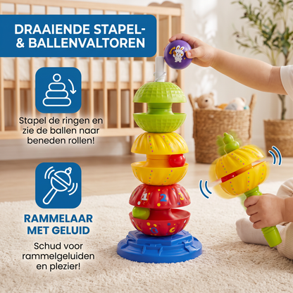 2-in-1 Interactieve Draaiende Stapel- & Ballenvaltoren Met Rammelaar Voor Kinderen