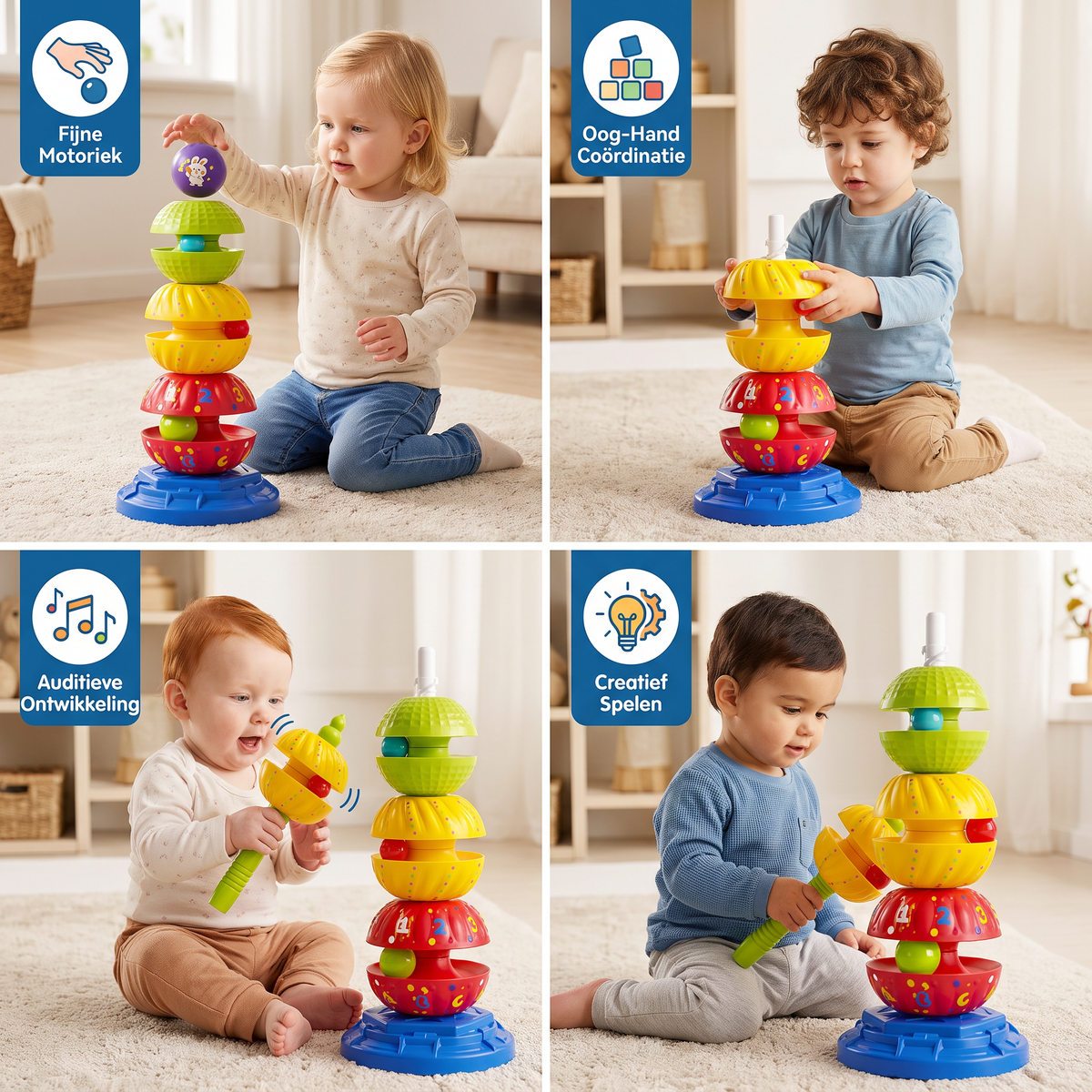 2-in-1 Interactieve Draaiende Stapel- & Ballenvaltoren Met Rammelaar Voor Kinderen