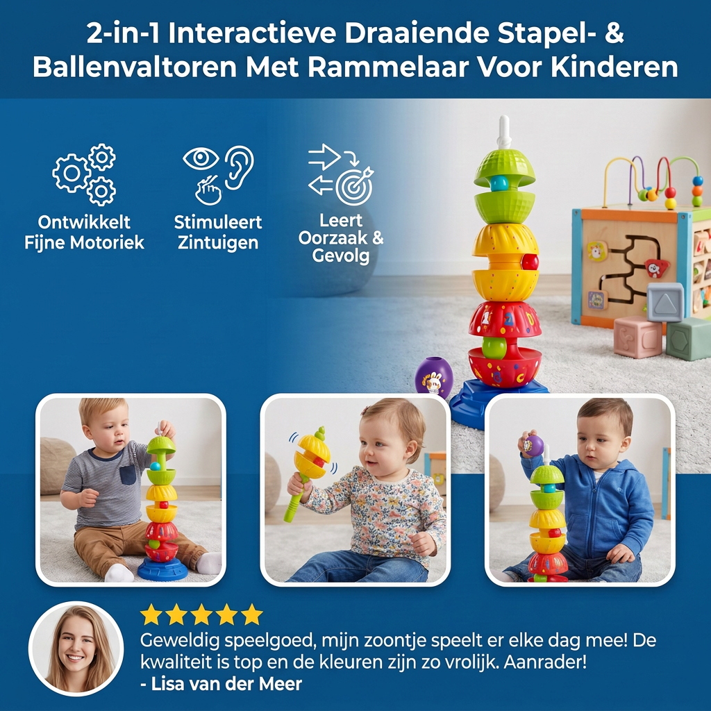 2-in-1 Interactieve Draaiende Stapel- & Ballenvaltoren Met Rammelaar Voor Kinderen