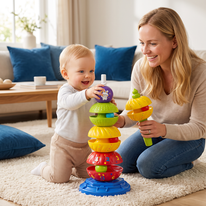 2-in-1 Interactieve Draaiende Stapel- & Ballenvaltoren Met Rammelaar Voor Kinderen
