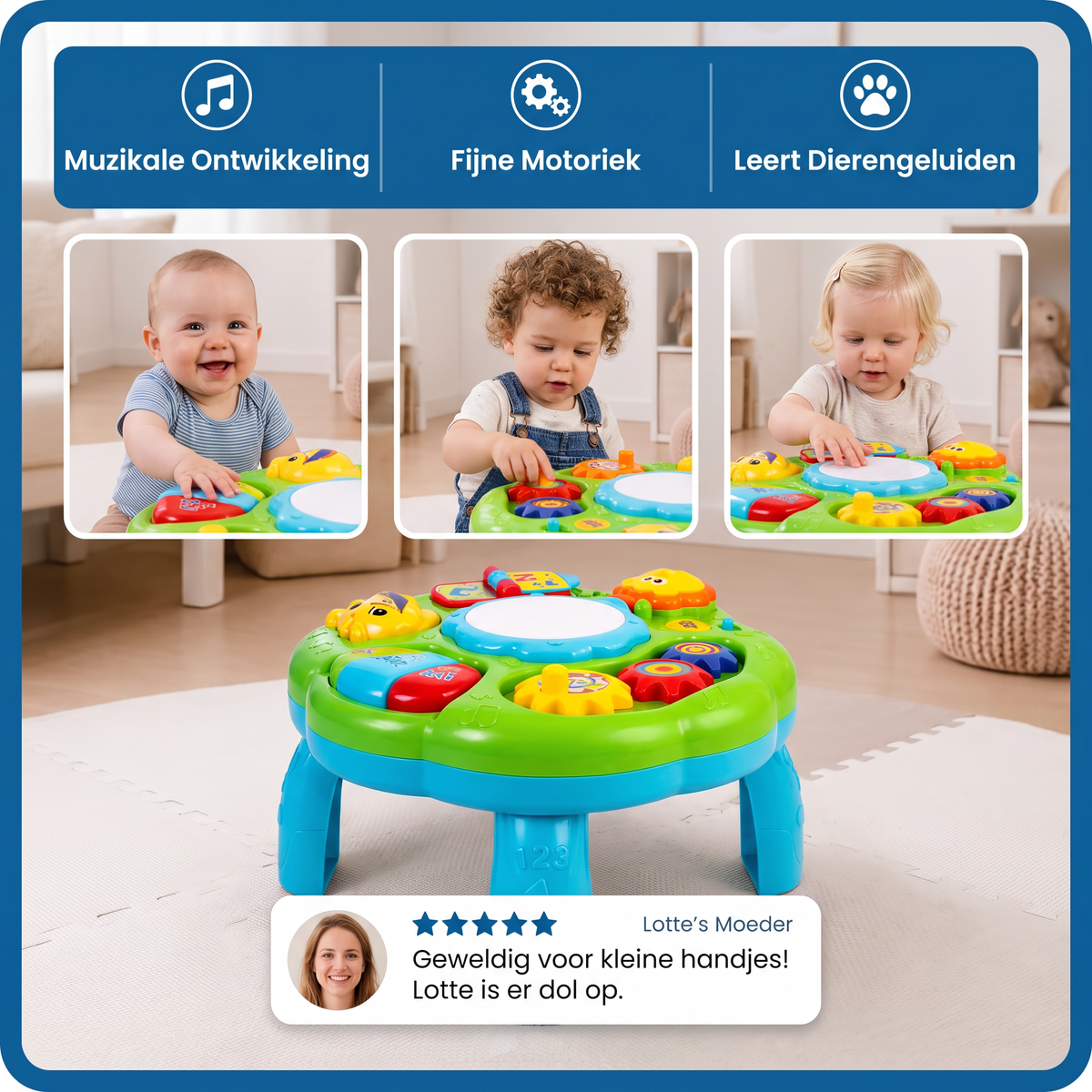 Baby Muziek Activiteitentafel Speelgoed met Trommel, Tandwielen en Dierengeluiden