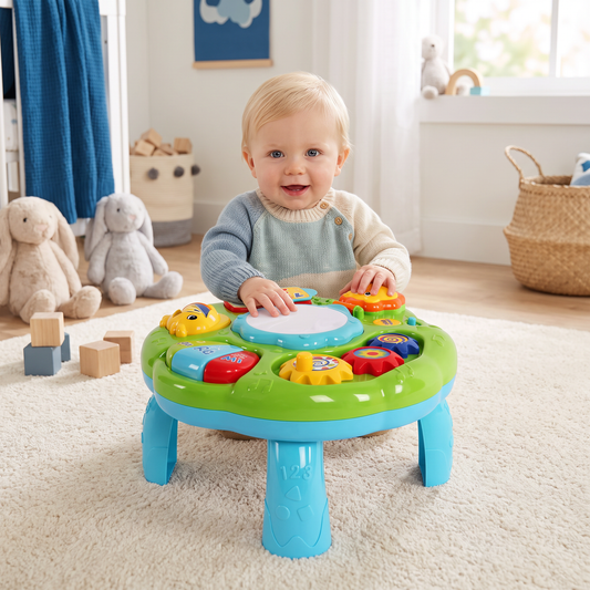 Baby Muziek Activiteitentafel Speelgoed met Trommel, Tandwielen en Dierengeluiden