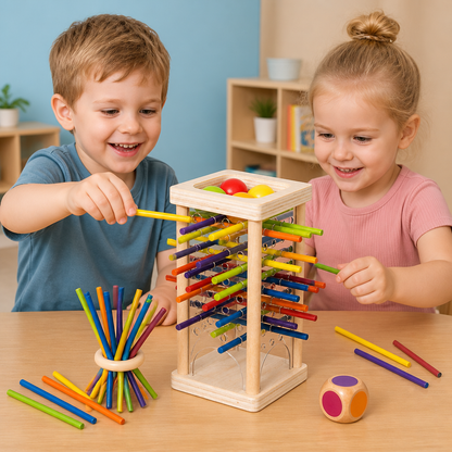 Educatief 3-in-1 Houten Behendigheidsspel Met Knikkers En Stokjes
