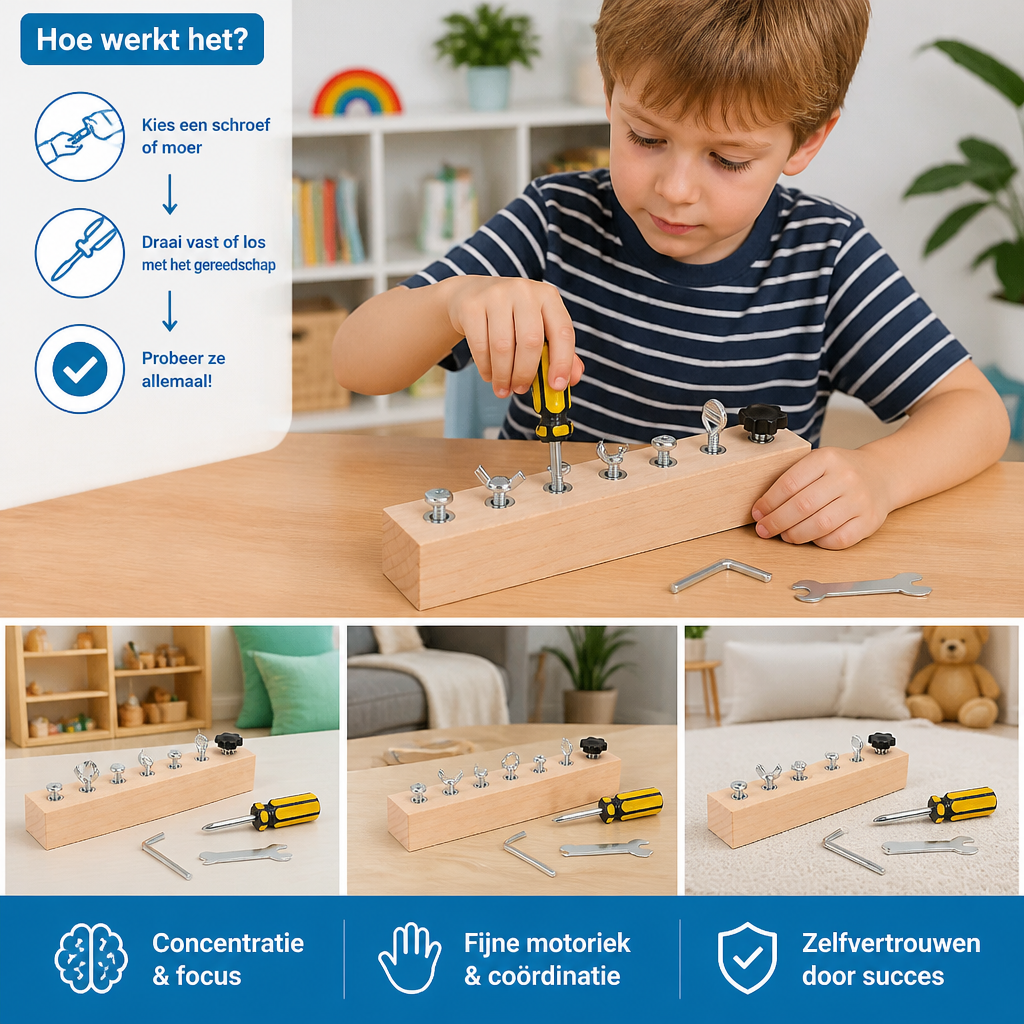 Montessori Houten Schroefspel – Fijne Motoriek & Concentratietraining Voor Kinderen
