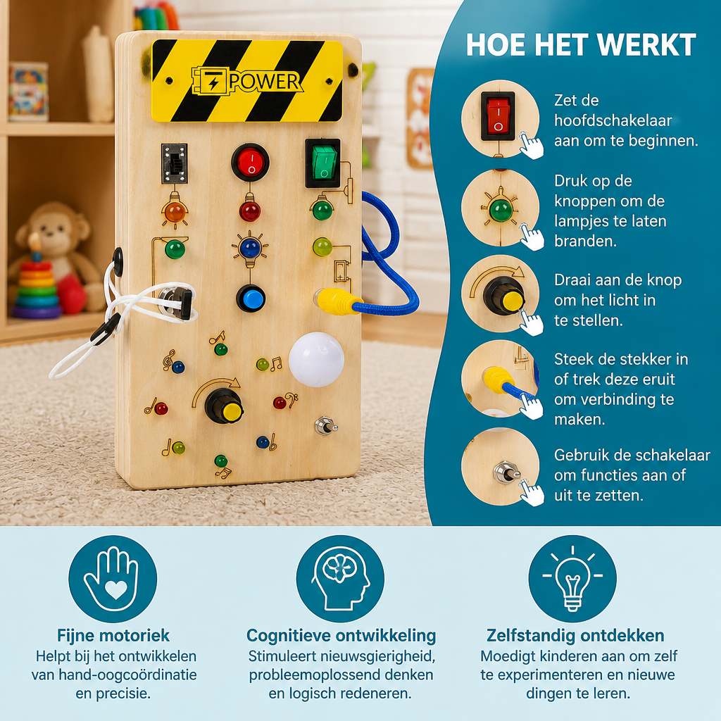 Montessori Sensorisch Houten Bord Met Licht & Schakelaars – Motorisch Speelgoed Voor Kinderen
