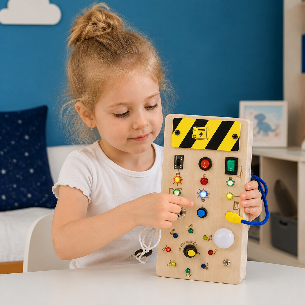 Montessori Sensorisch Houten Bord Met Licht & Schakelaars – Motorisch Speelgoed Voor Kinderen