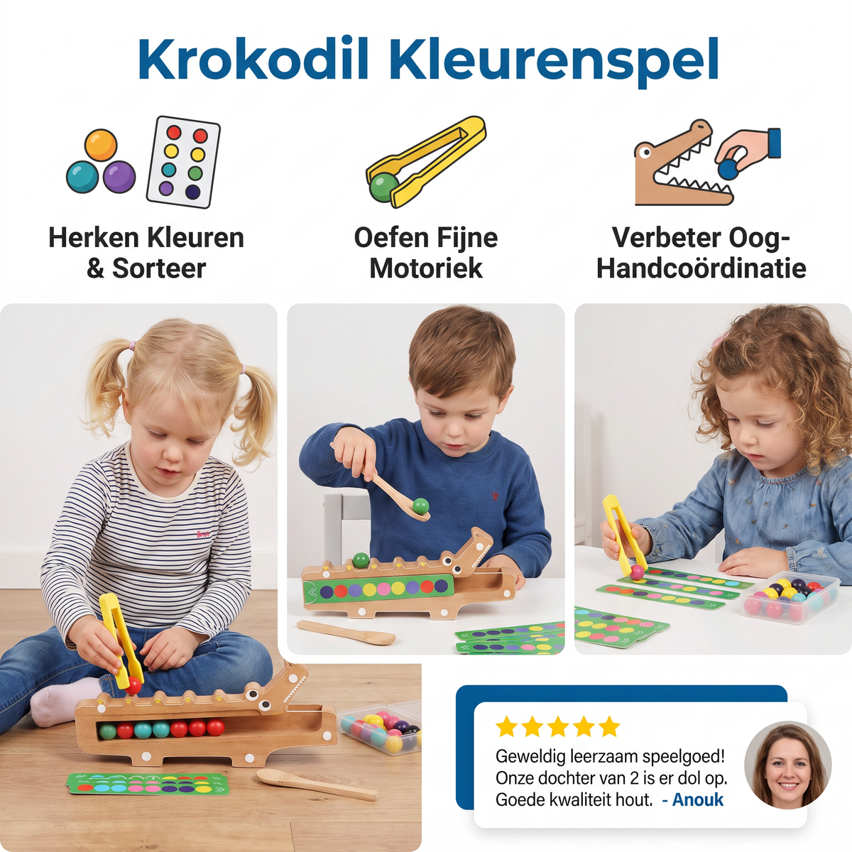 Krokodil Kleurenspel – Leerspel Met Sorteerkaarten En Houten Speelgoed