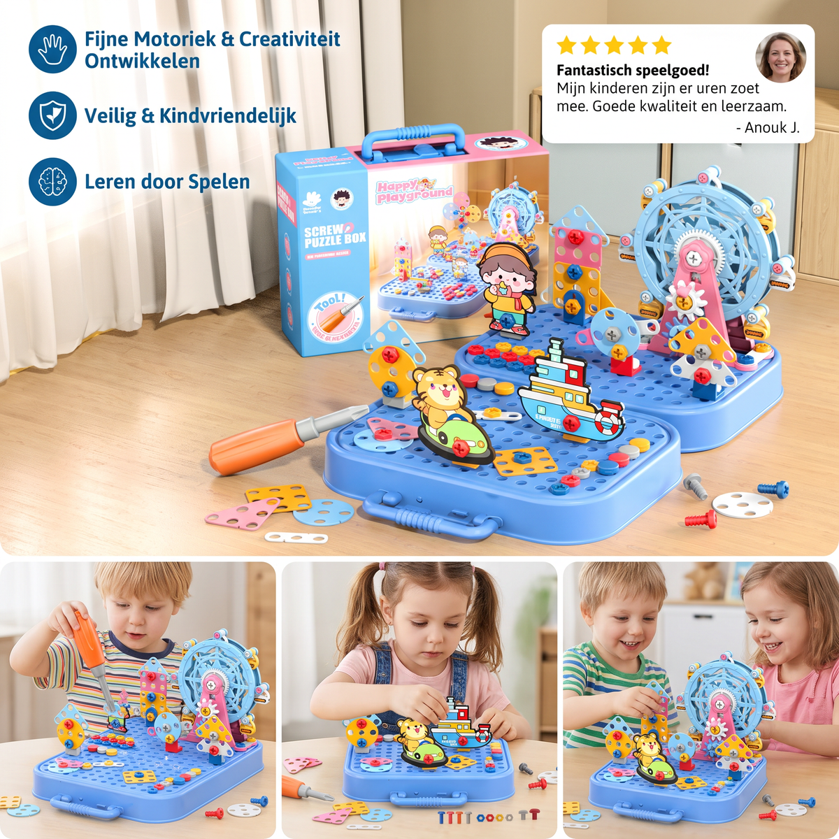 DIY-Gereedschapskist voor Kinderen met Bouwplaat, Reuzenrad en Boormachine