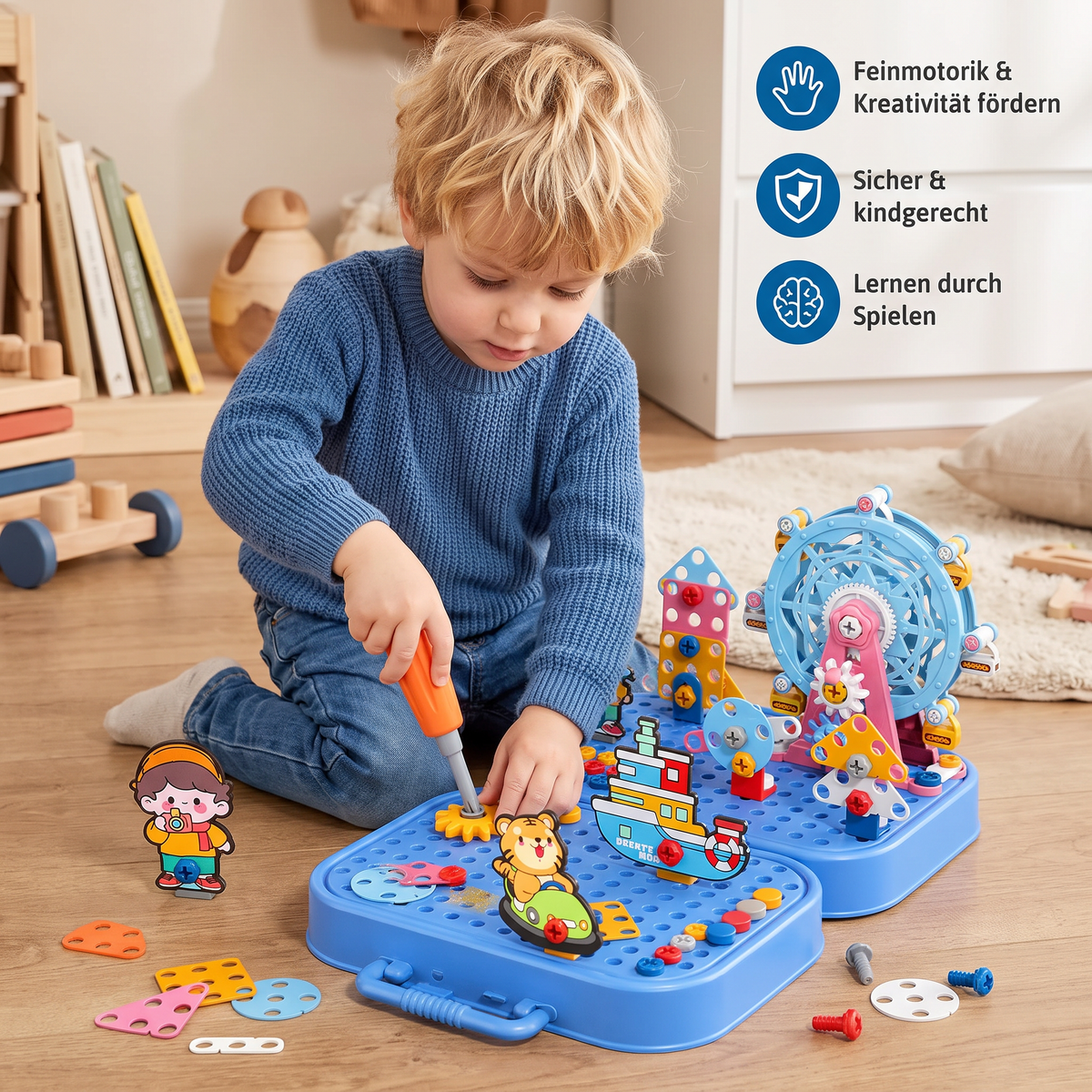 DIY-Gereedschapskist voor Kinderen met Bouwplaat, Reuzenrad en Boormachine