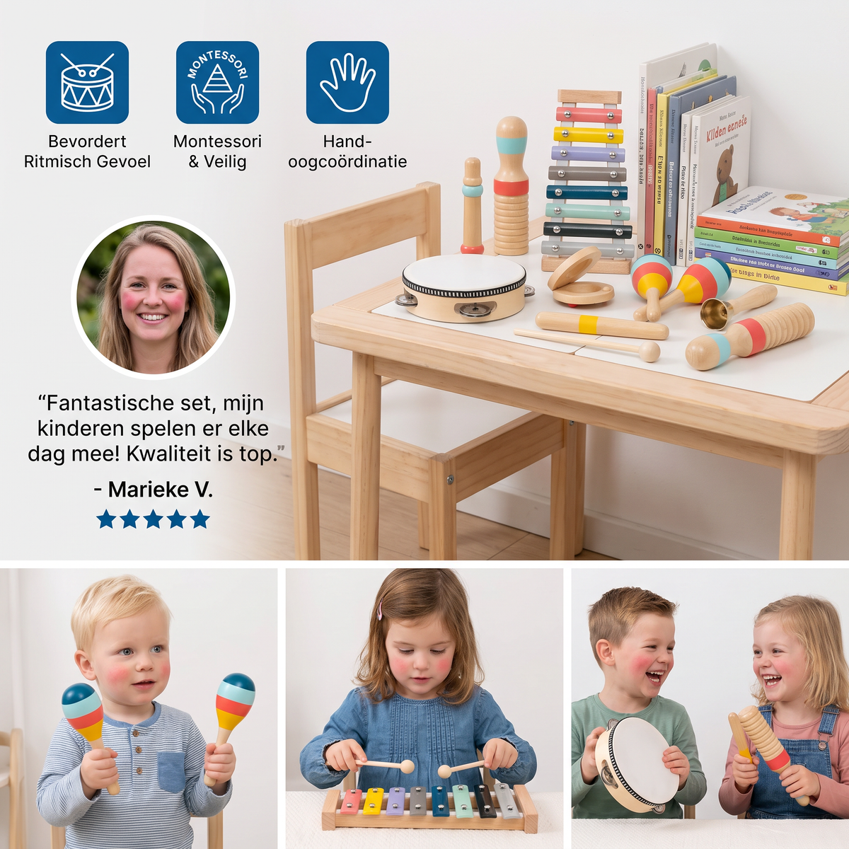 Houten Muziekinstrumentenset – Montessori-Slaginstrumenten & Ritme-Leerspeelgoed voor Kinderen