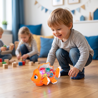 Verlichte Tandwielvis voor Kinderen – Transparant Muziek- & Bewegingsspeelgoed