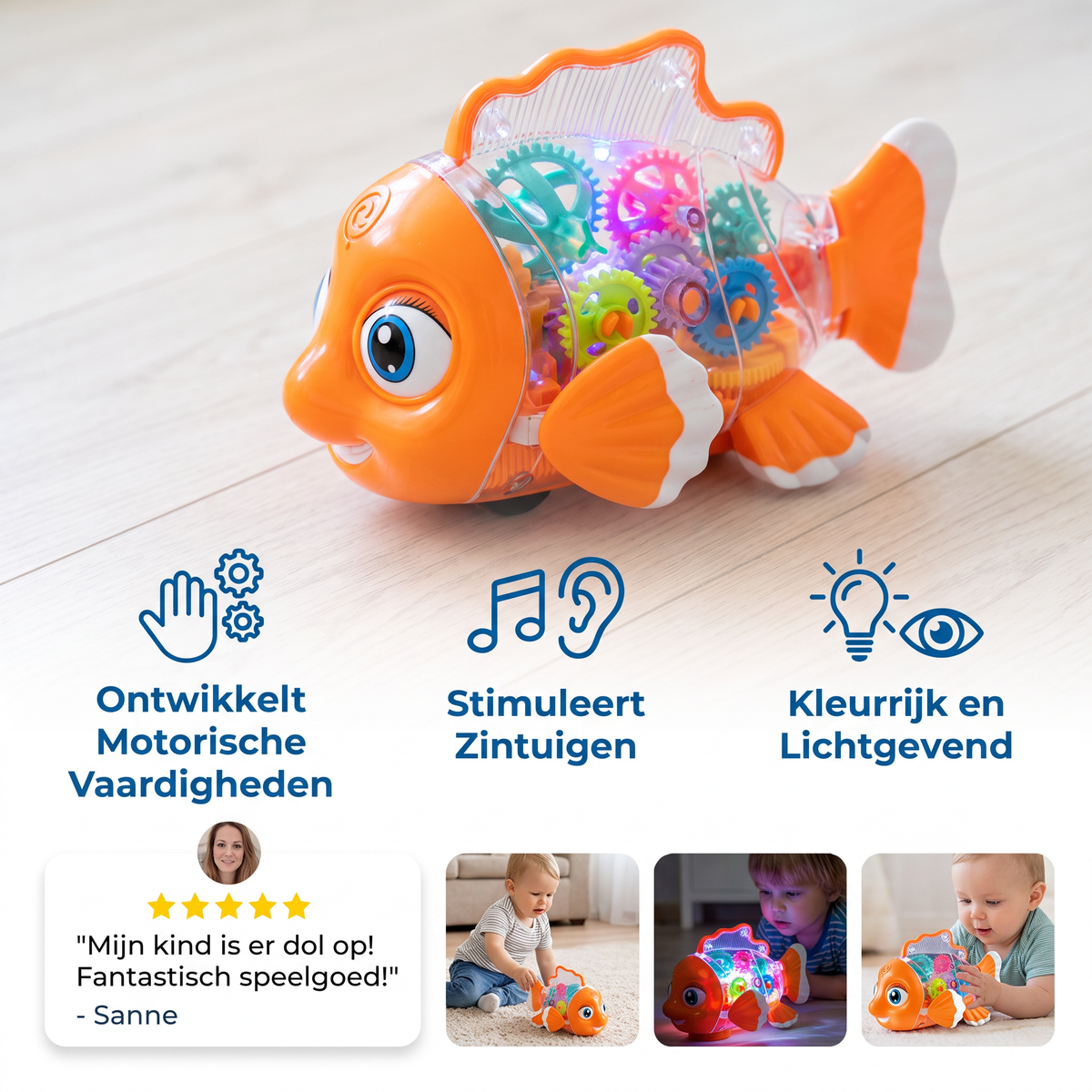 Verlichte Tandwielvis voor Kinderen – Transparant Muziek- & Bewegingsspeelgoed