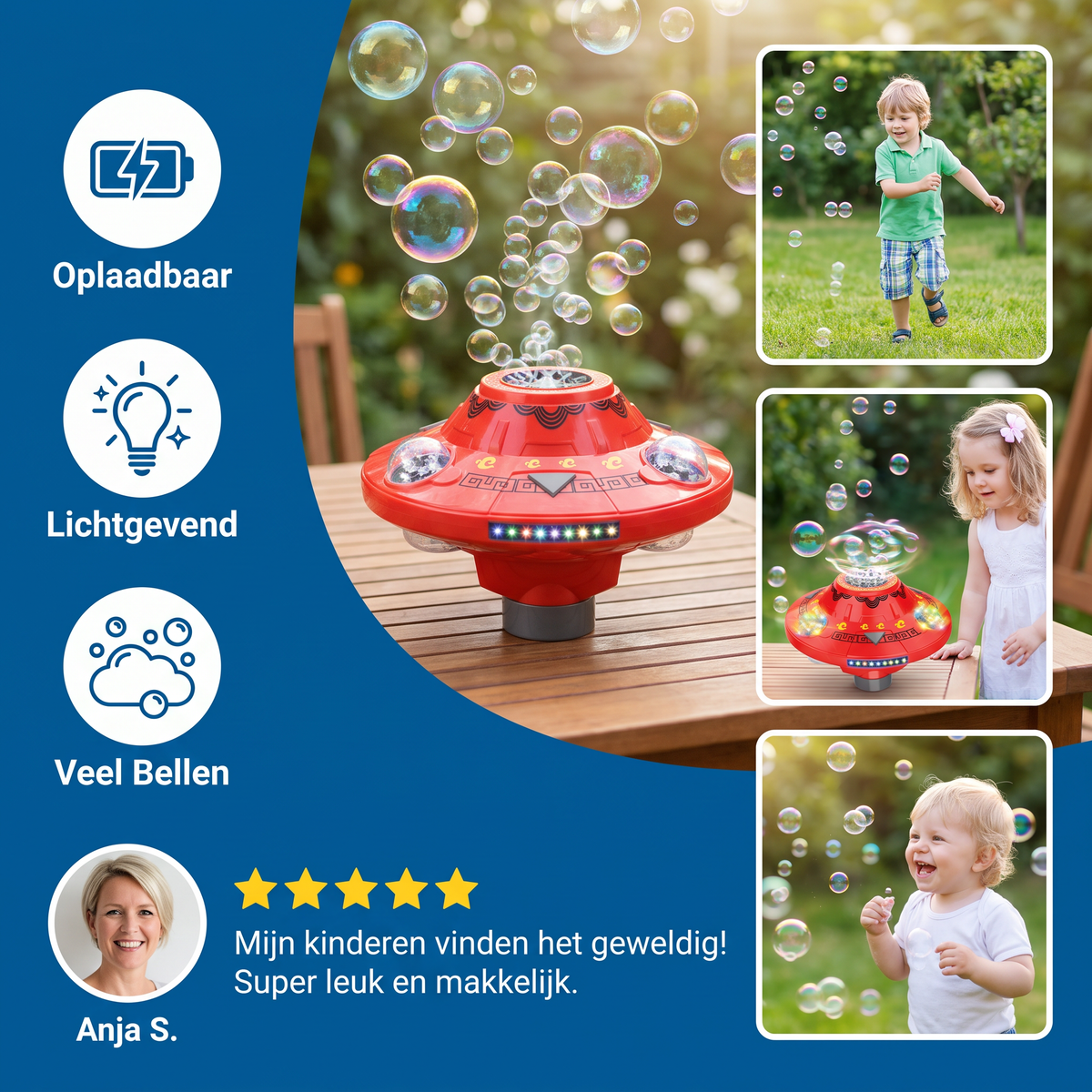 Lichtgevende UFO-Bellenblaasmachine voor Kinderen – Oplaadbare Bellenblaastol met Lichteffecten