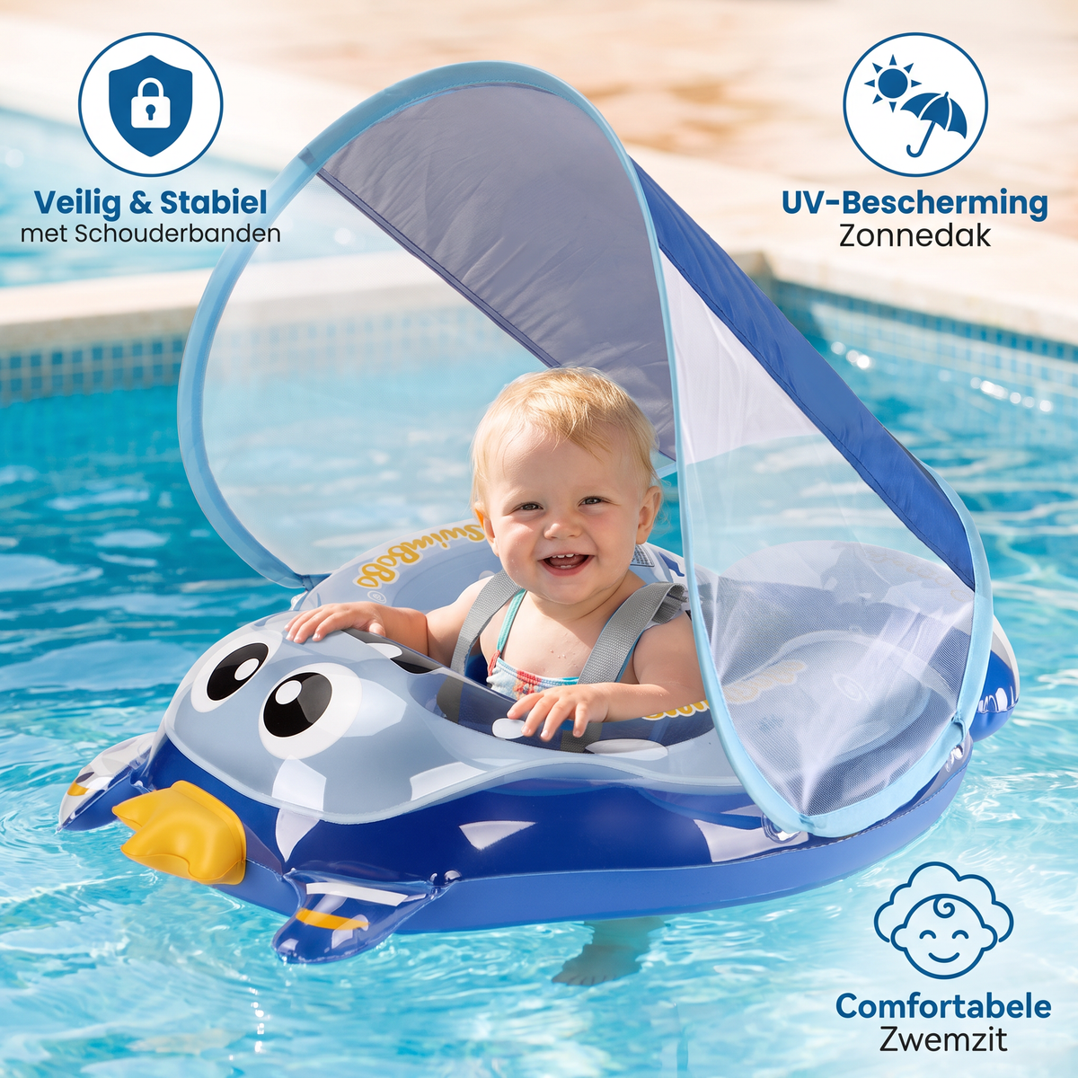 Opblaasbare Babyzwemband met Schouderbanden & Zonnedak – Veilige Zwemzit voor Baby's