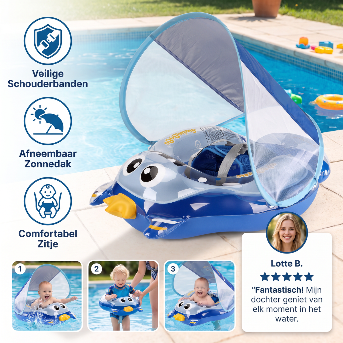 Opblaasbare Babyzwemband met Schouderbanden & Zonnedak – Veilige Zwemzit voor Baby's