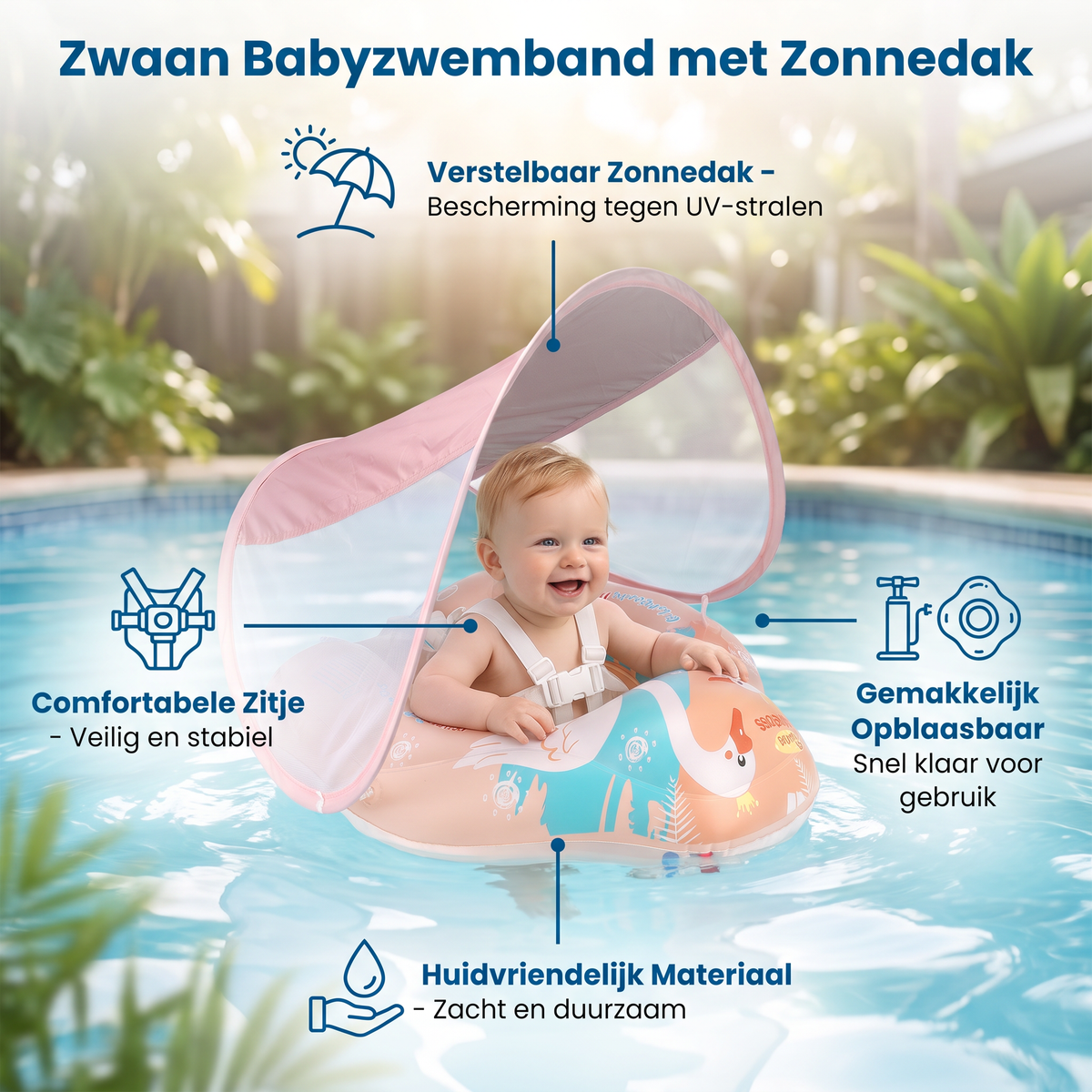 Zwaan Babyzwemband met Zonnedak – Opblaasbare Zitband voor Veilig Zwemplezier