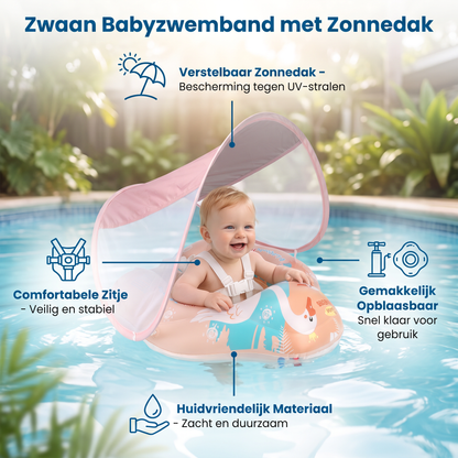 Zwaan Babyzwemband met Zonnedak – Opblaasbare Zitband voor Veilig Zwemplezier