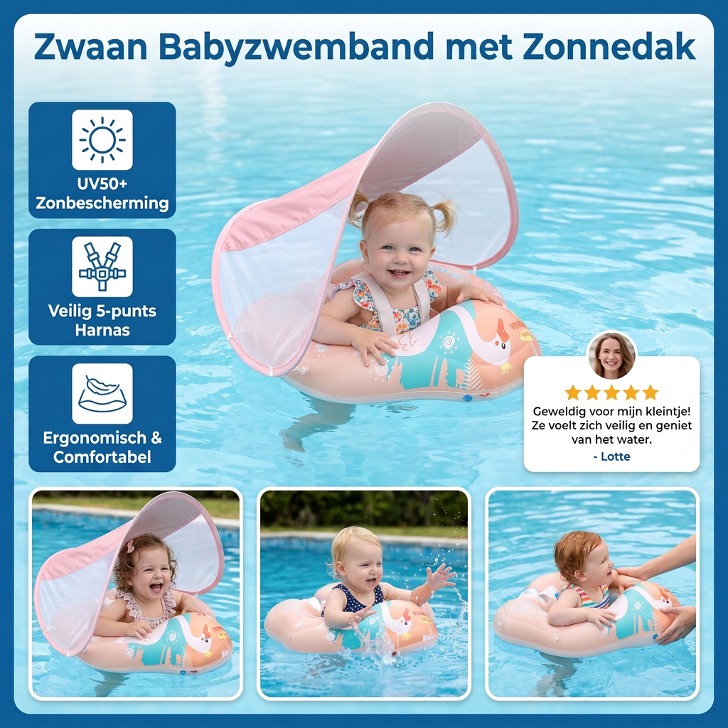 Zwaan Babyzwemband met Zonnedak – Opblaasbare Zitband voor Veilig Zwemplezier