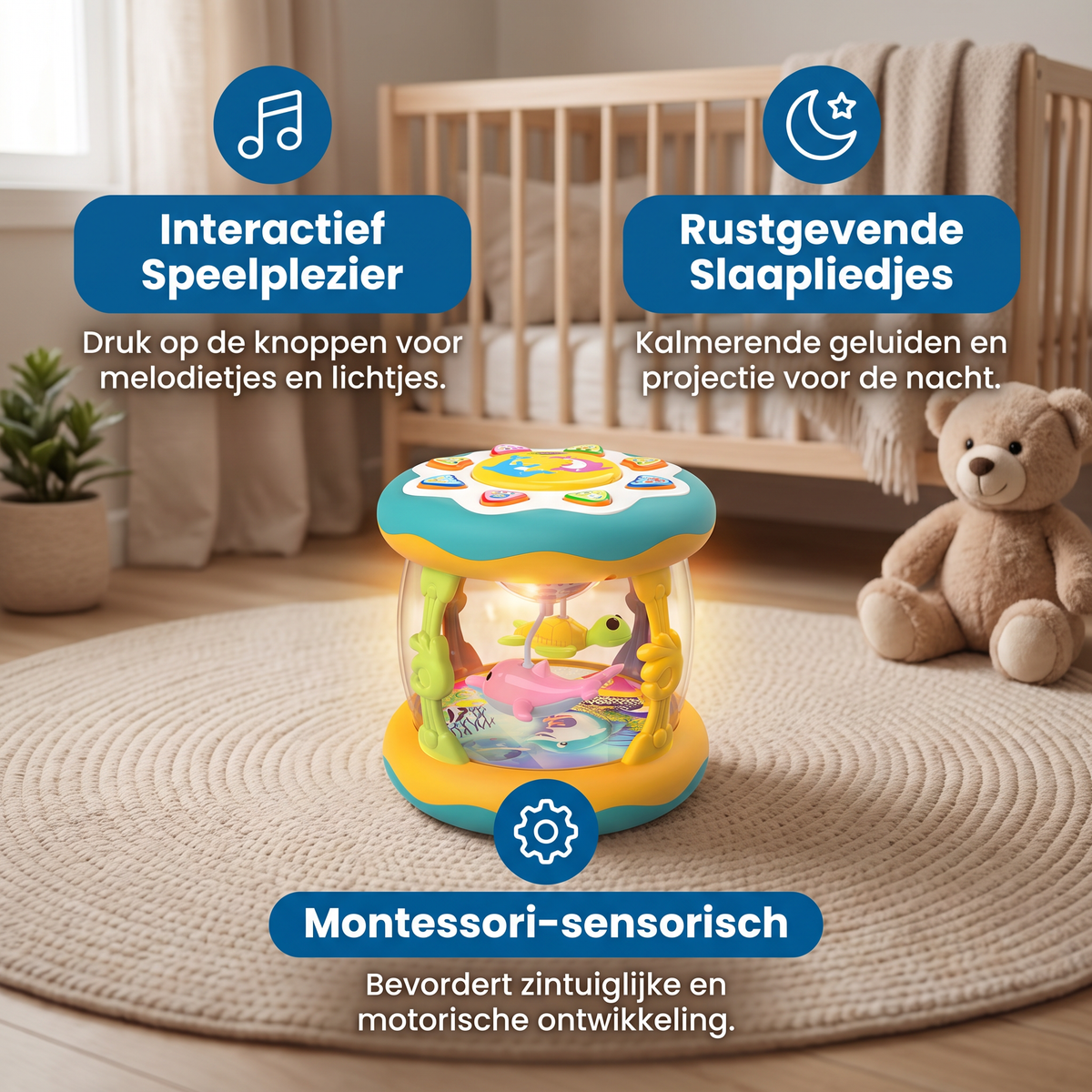 Interactief muziekspeelgoed met licht – Montessori-sensorisch speelgoed met rustgevende slaapliedjes