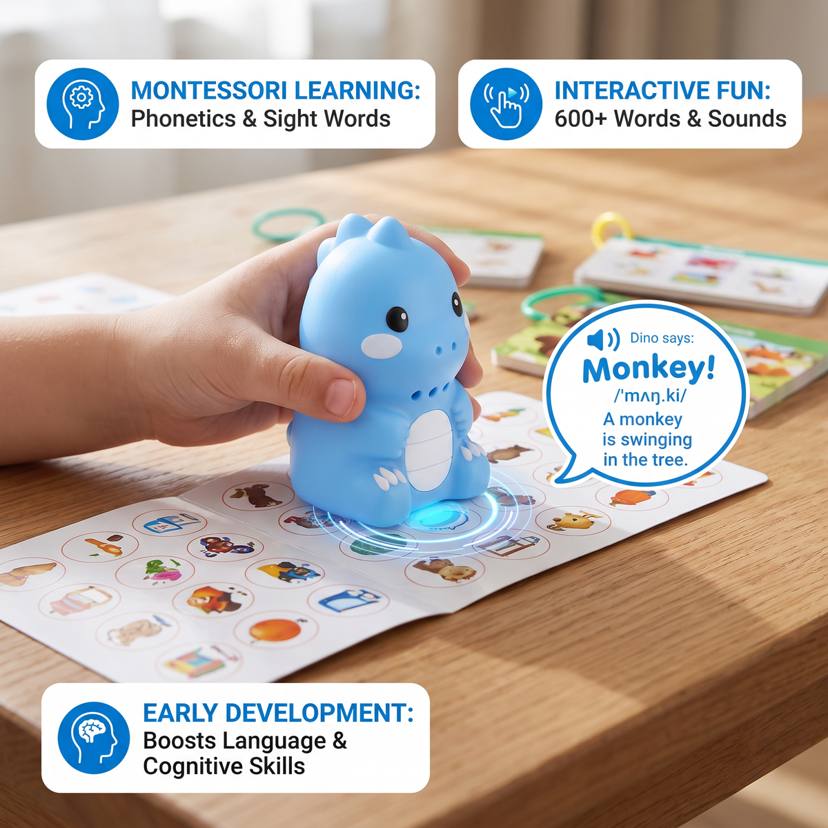 Interactieve dinosaurus-praatkaarten & stickers – Montessori-leerset voor fonetiek & zichtwoorden