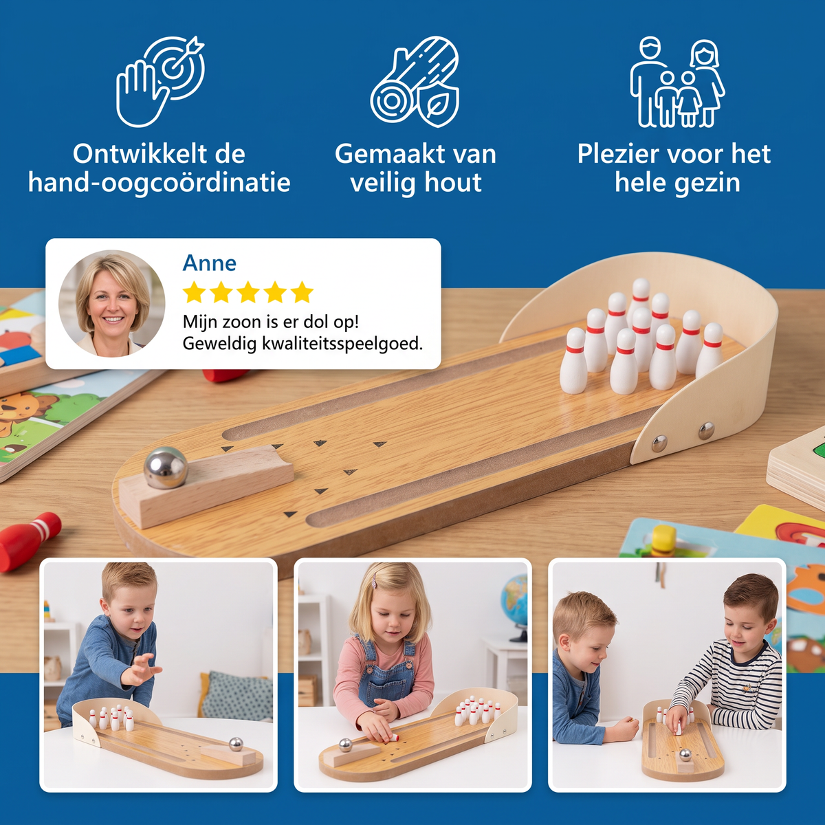 Mini-bowlingspel van hout – Draagbare Tafelbowling voor Kinderen
