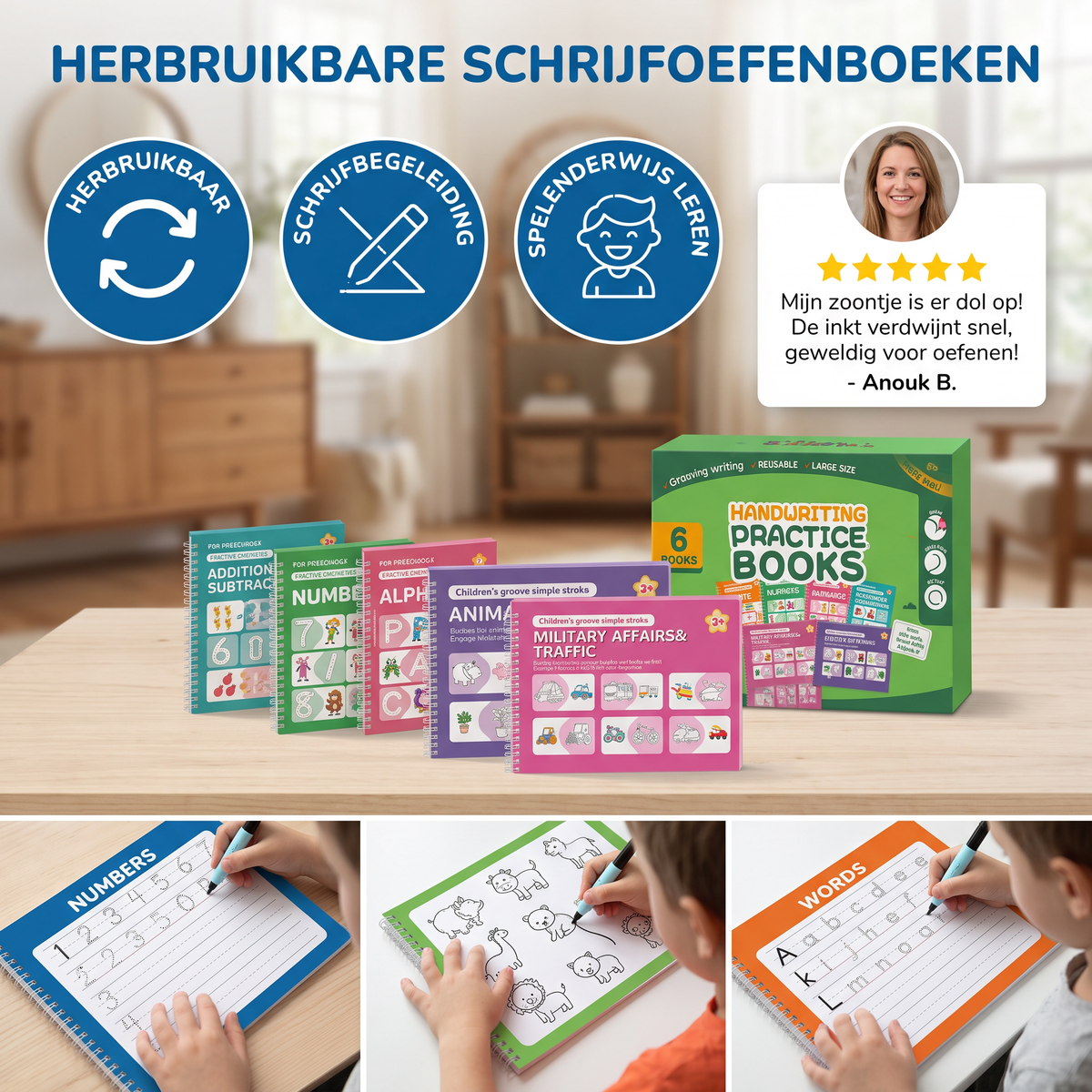Herbruikbare Schrijfoefenboeken met Groeven voor Kinderen – 6-delige Overtrek- en Schrijfset