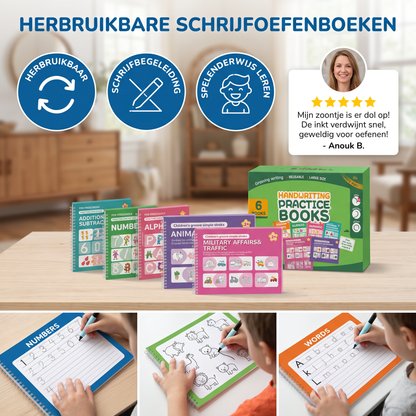 Herbruikbare Schrijfoefenboeken met Groeven voor Kinderen – 6-delige Overtrek- en Schrijfset