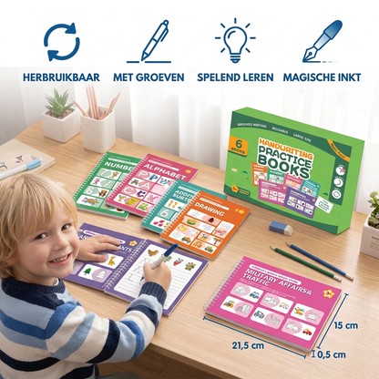 Herbruikbare Schrijfoefenboeken met Groeven voor Kinderen – 6-delige Overtrek- en Schrijfset