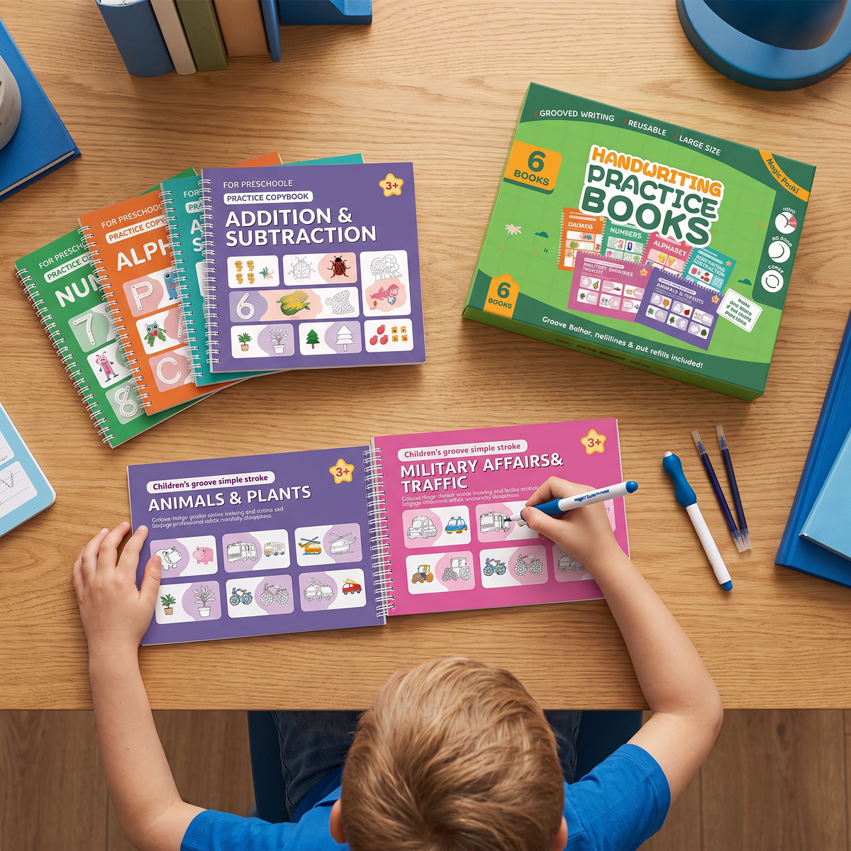 Herbruikbare Schrijfoefenboeken met Groeven voor Kinderen – 6-delige Overtrek- en Schrijfset