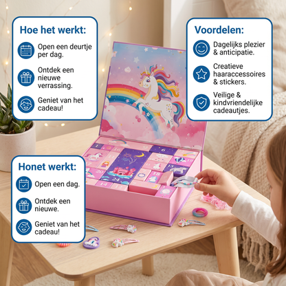 24-daagse Eenhoornadventskalender met Haaraccessoires, Stickers & Verrassingscadeautjes