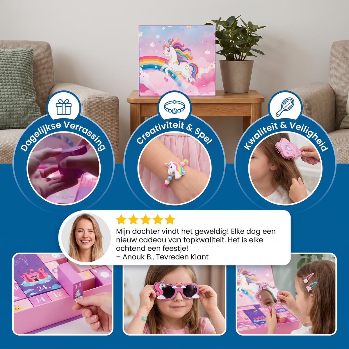 24-daagse Eenhoornadventskalender met Haaraccessoires, Stickers & Verrassingscadeautjes