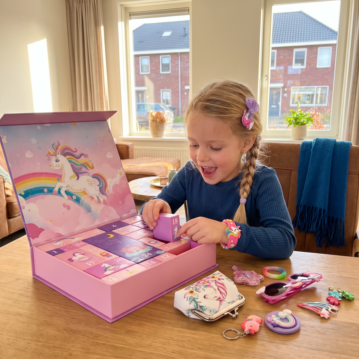 24-daagse Eenhoornadventskalender met Haaraccessoires, Stickers & Verrassingscadeautjes