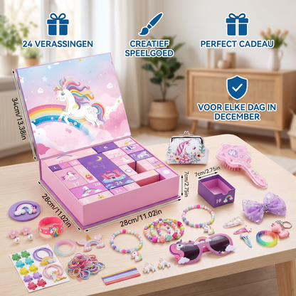 24-daagse Eenhoornadventskalender met Haaraccessoires, Stickers & Verrassingscadeautjes