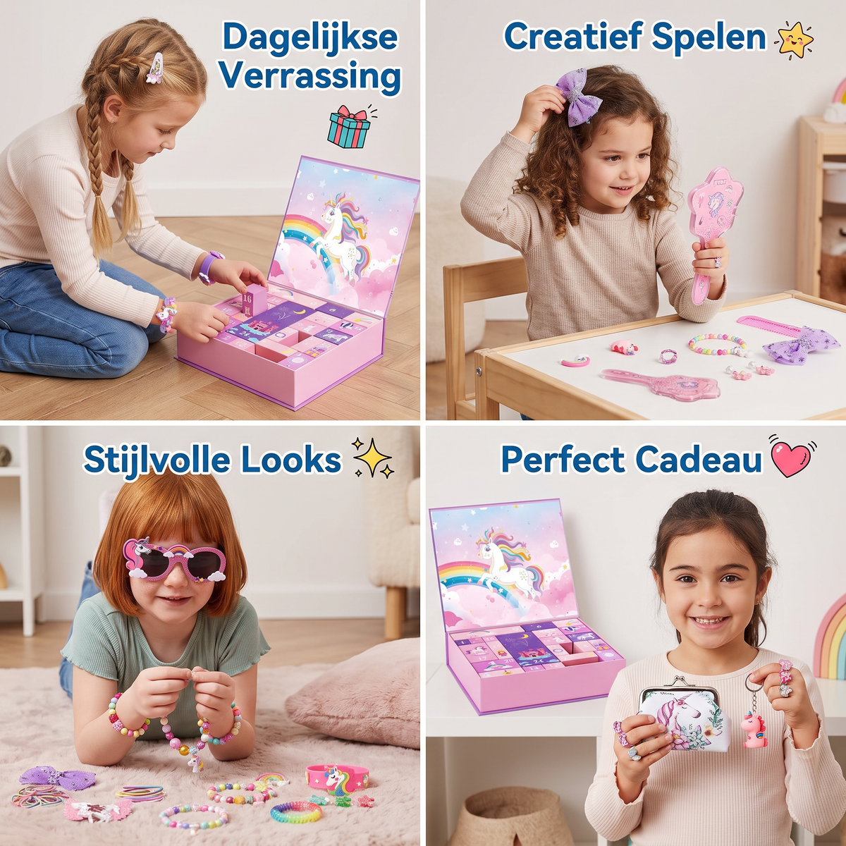24-daagse Eenhoornadventskalender met Haaraccessoires, Stickers & Verrassingscadeautjes