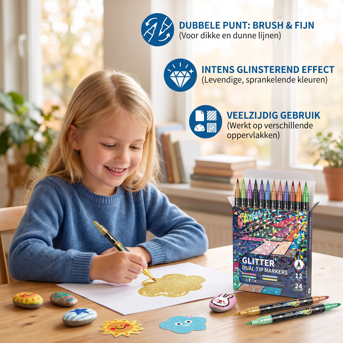 Glitterpenseelstiftenset – Glinsterende Kunstmarkers met Twee Punten