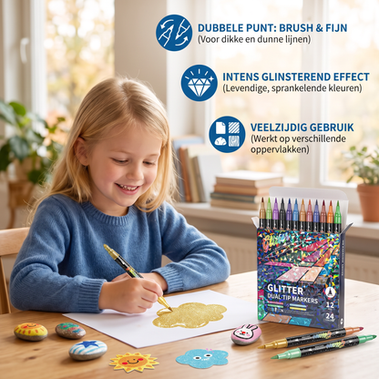 Glitterpenseelstiftenset – Glinsterende Kunstmarkers met Twee Punten