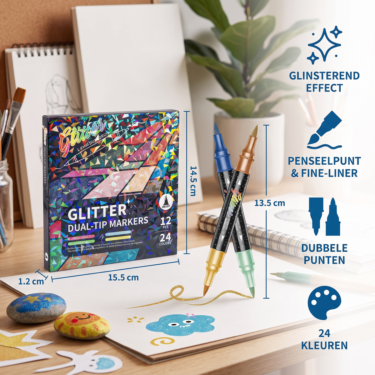Glitterpenseelstiftenset – Glinsterende Kunstmarkers met Twee Punten