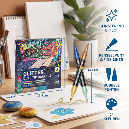 Glitterpenseelstiftenset – Glinsterende Kunstmarkers met Twee Punten