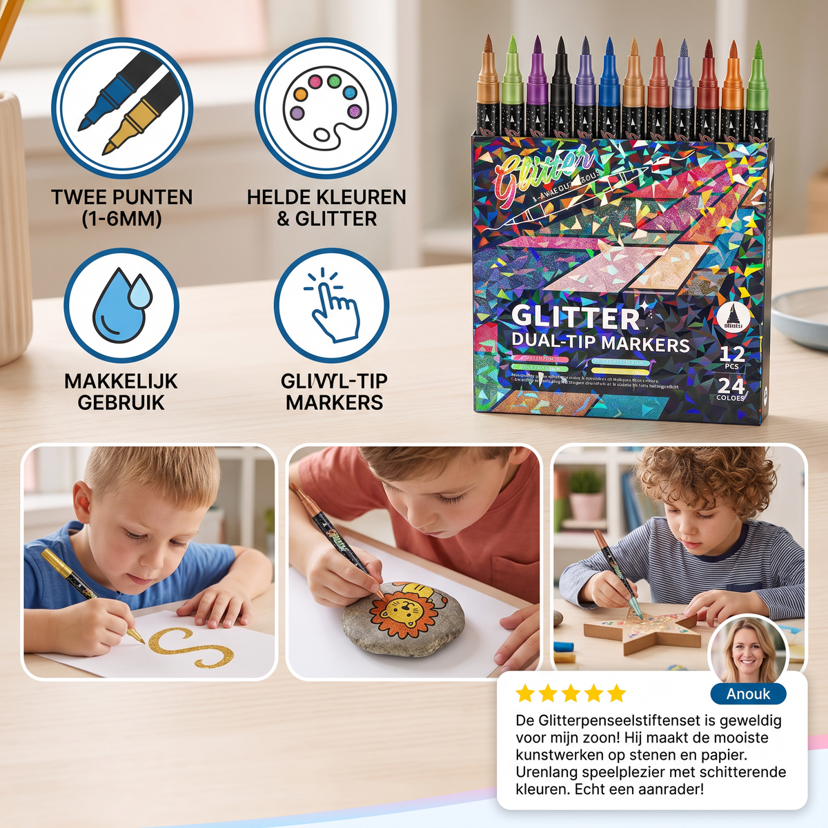 Glitterpenseelstiftenset – Glinsterende Kunstmarkers met Twee Punten