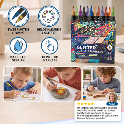 Glitterpenseelstiftenset – Glinsterende Kunstmarkers met Twee Punten