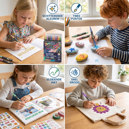 Glitterpenseelstiftenset – Glinsterende Kunstmarkers met Twee Punten