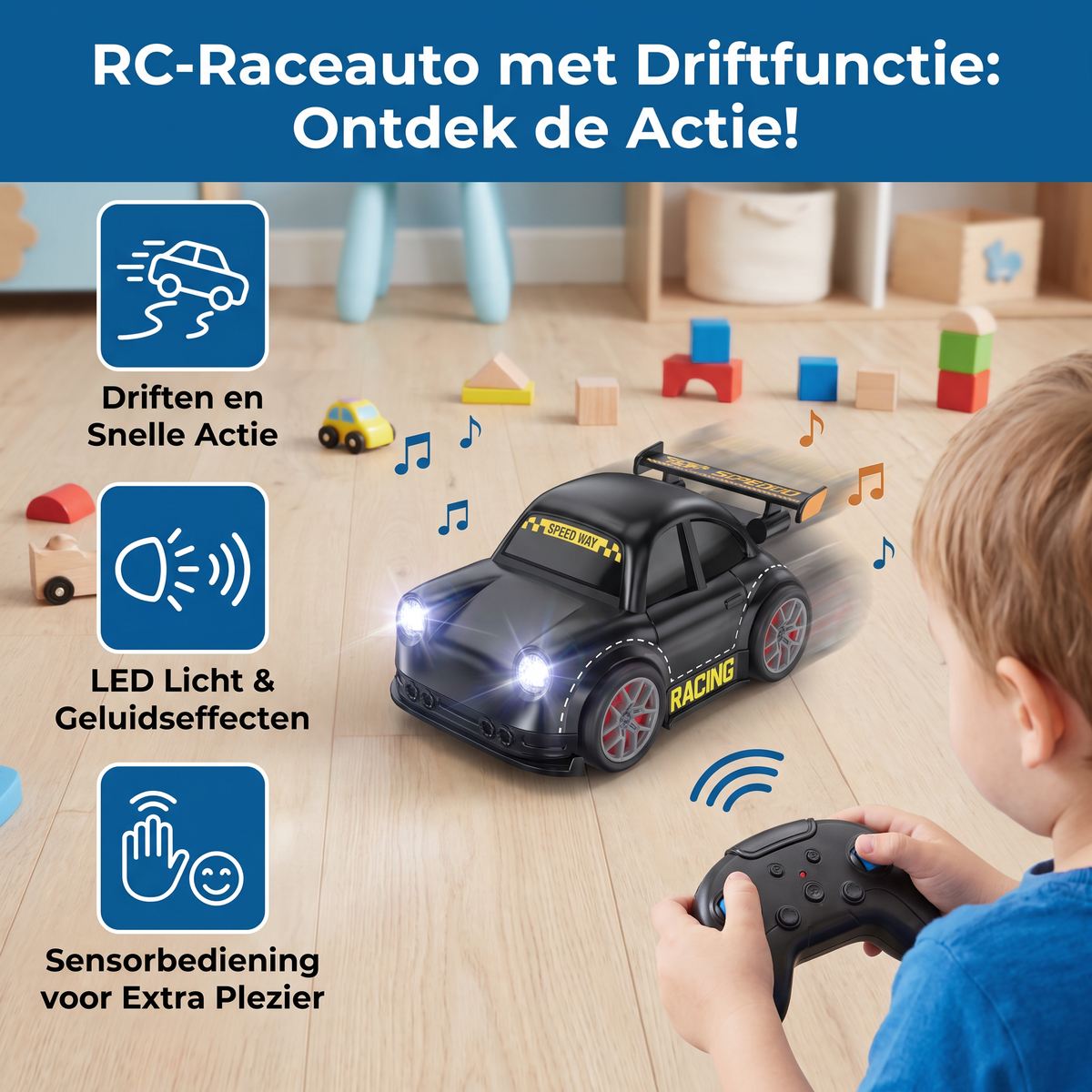 RC-Raceauto met Driftfunctie voor Kinderen – Afstandsbediend met Sensorlichten & Geluid