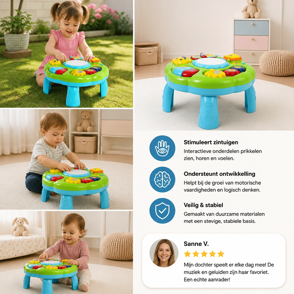 Baby Muziekactiviteitentafel – Speelgoed met Trommel, Tandwielen en Dierengeluiden