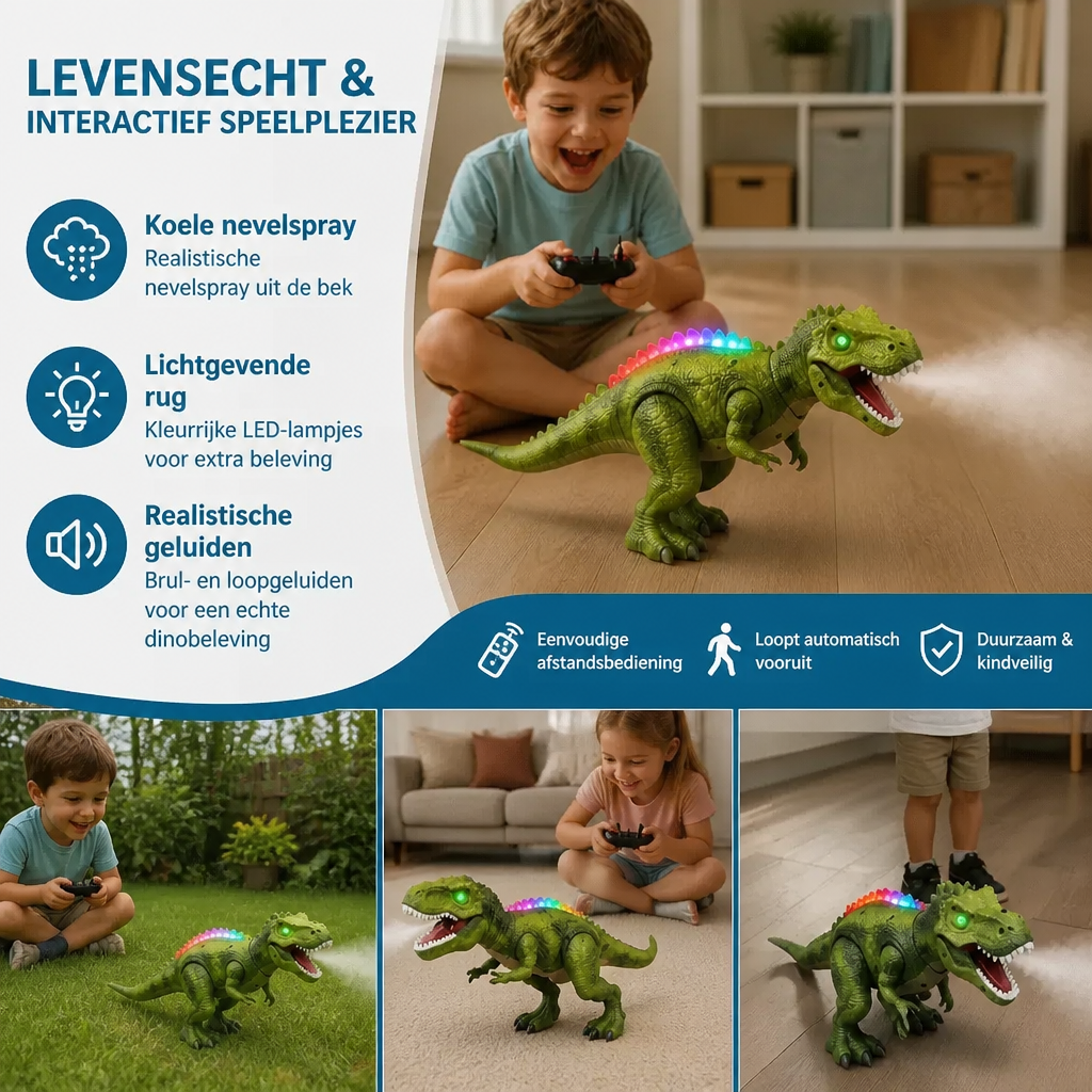 Op Afstand Bestuurbare Lopende T-Rex – RC-Dinosaurus met Sproeinevel, Licht & Geluid