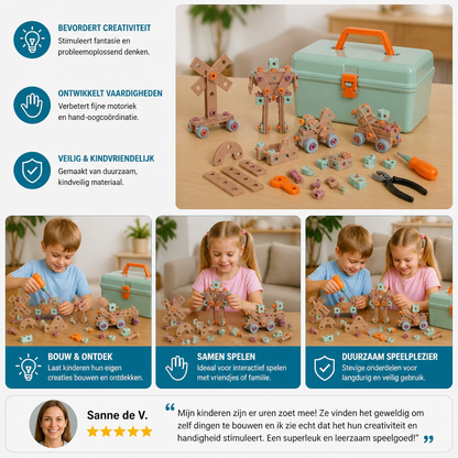 144-delige Kindergereedschapsset met Boormachine & Gereedschapskoffer – STEM Montessori-Bouwset